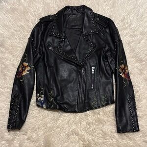 Blank NYC Black Leather Jacket with Floral Embroidery